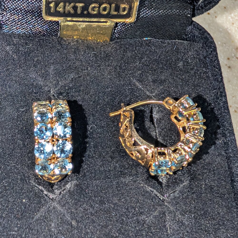 14k Yellow Gold Blue Topaz Huggie Hoop Earrings
